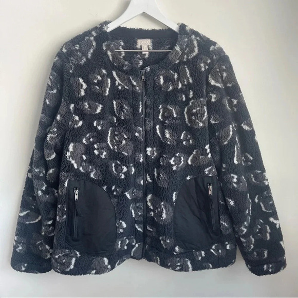 LOGO By Lori Goldstein Leopard Sherpa Jacket size Large - Picture 1 of 7